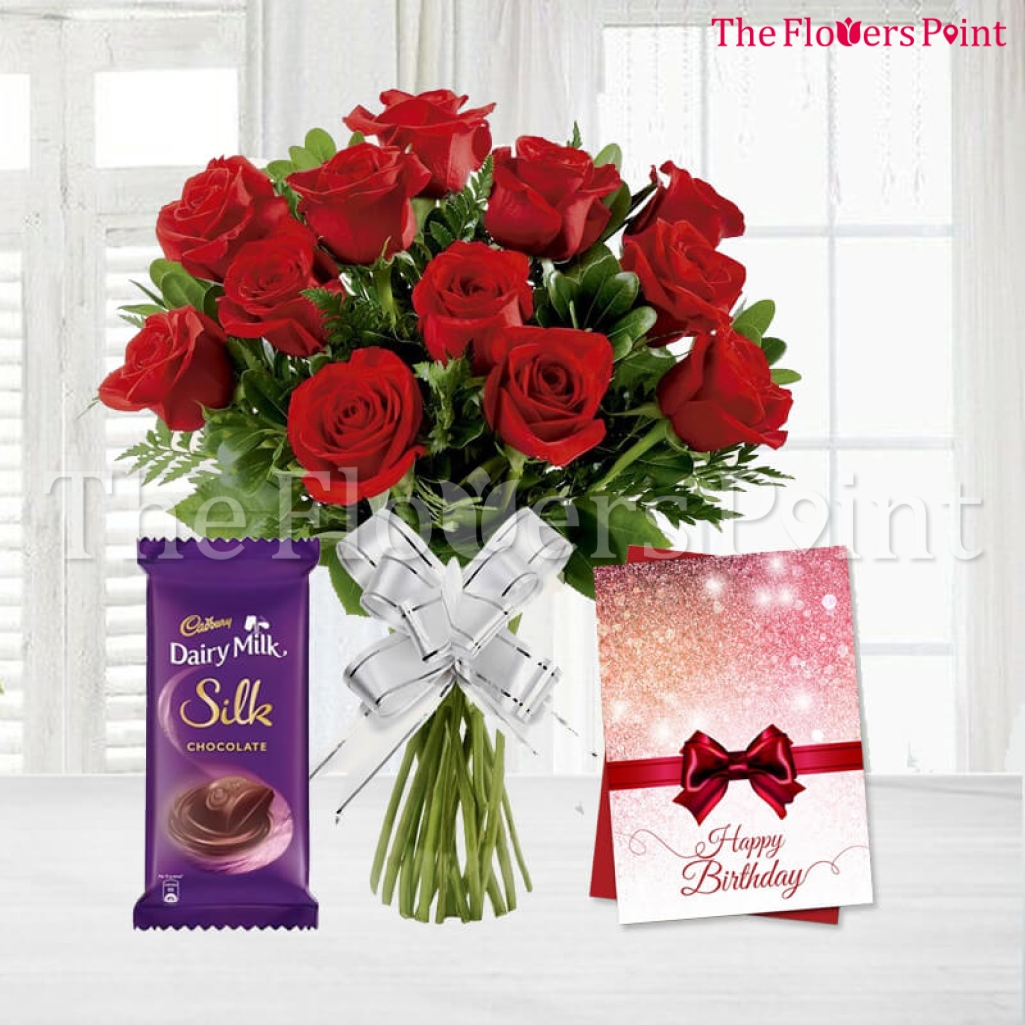 birthday greeting with the bouquet of beautiful red roses